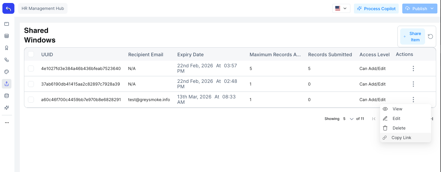 Actions dropdown on a share showing View, Edit, Delete, and Copy Link