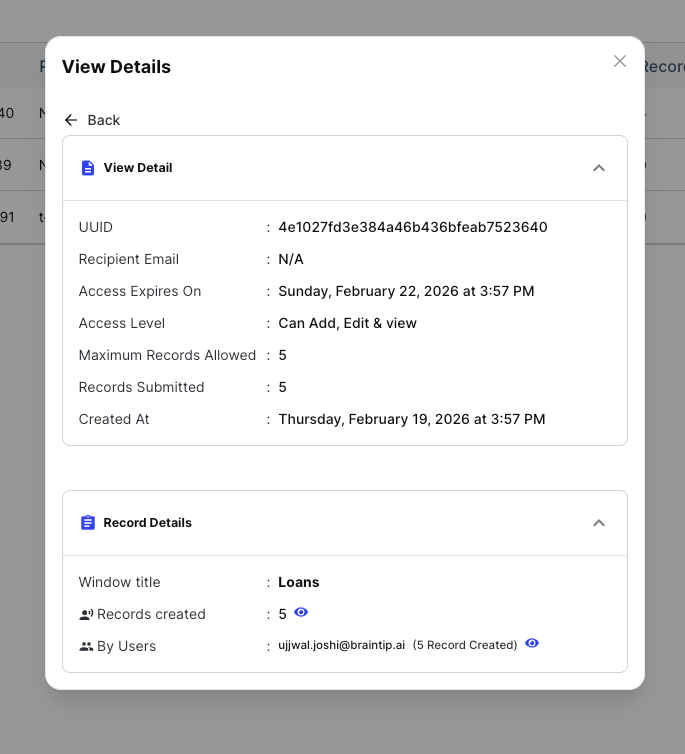 View Details modal showing share metadata and record summary