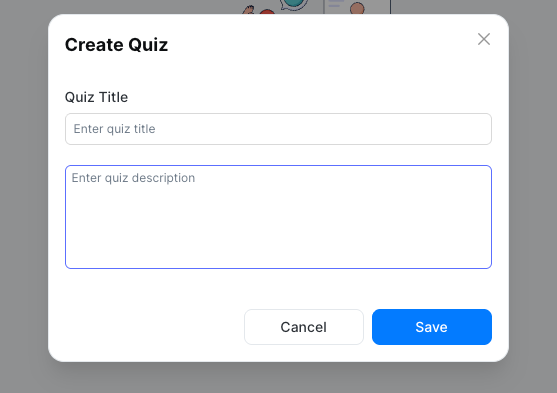 Create quiz form with name and description fields