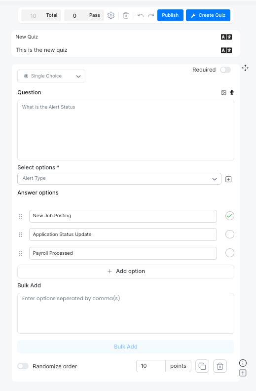 Creating a single choice question with answer options and point value