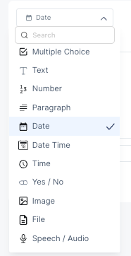 Question type dropdown showing all available question types