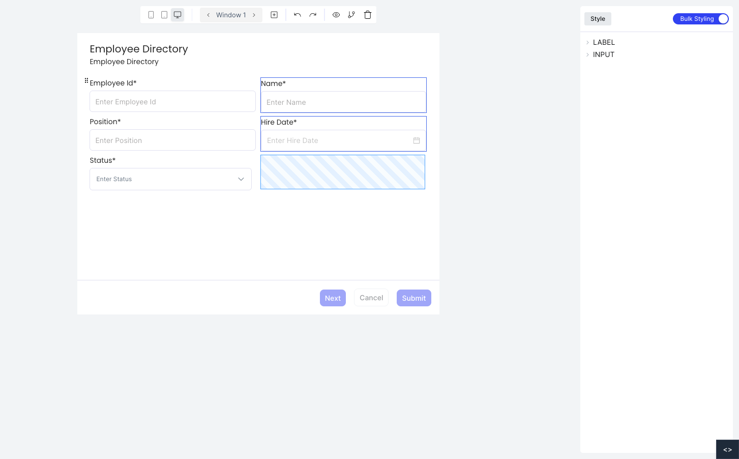 Bulk styling panel for multiple fields