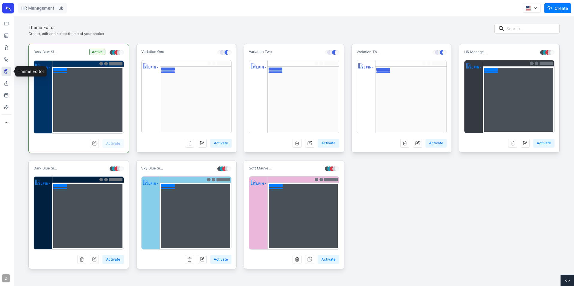 Theme Editor list showing all available themes with activate and edit options