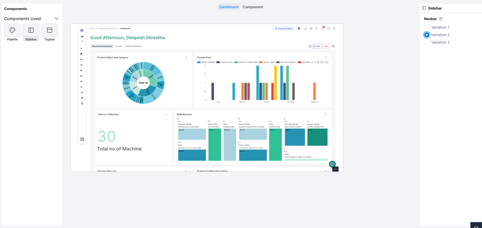 Sidebar component variation selector showing navbar layout options