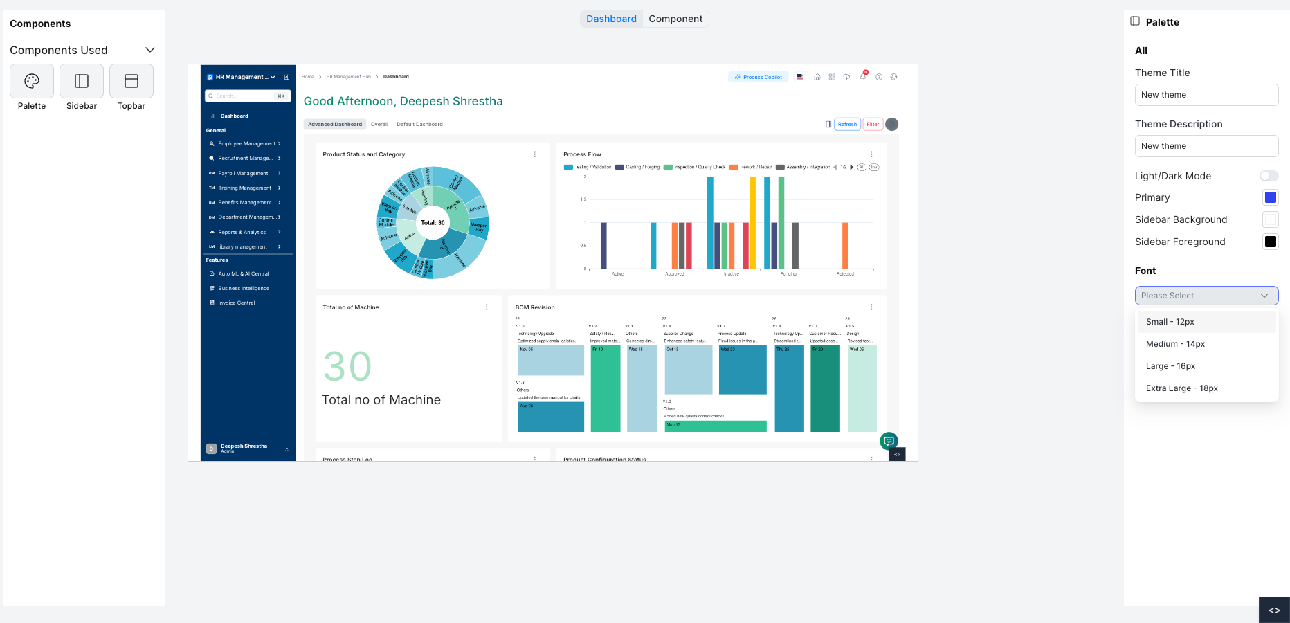 Theme editor with palette settings panel, component list, and live dashboard preview