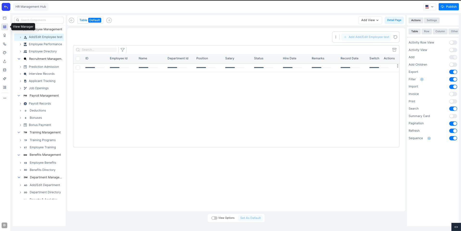 View Manager canvas with sidebar and actions panel