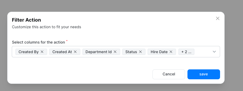 Filter Action settings dialog for selecting columns