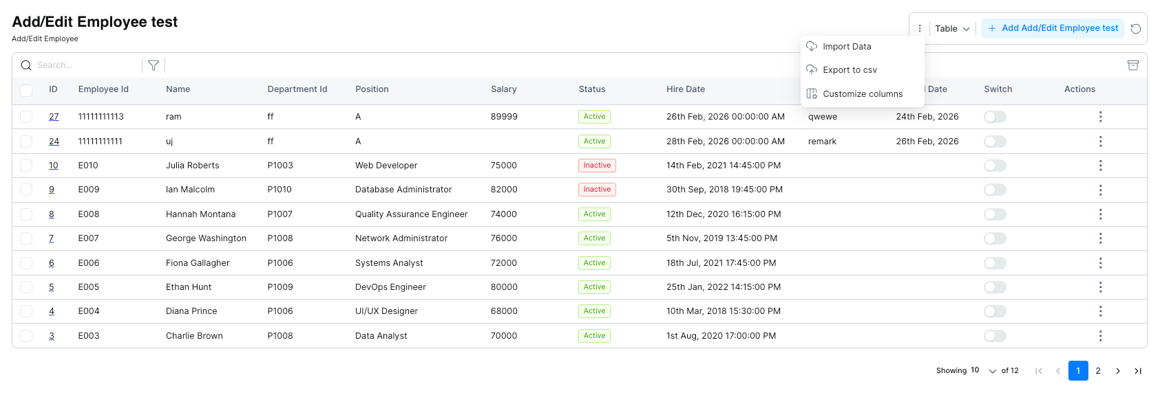 Table view menu showing Import Data, Export to CSV, Customize Columns