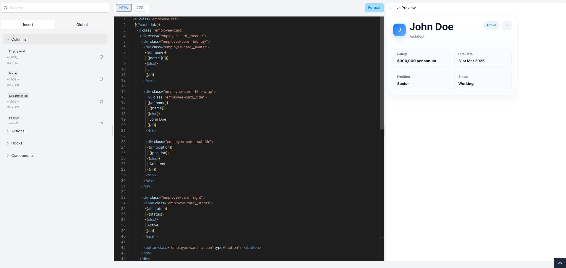 Handlebars HTML/CSS template editor with live preview