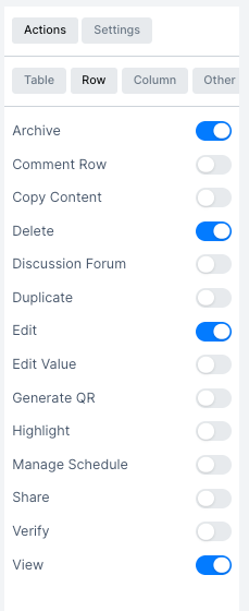 Row actions panel with toggles