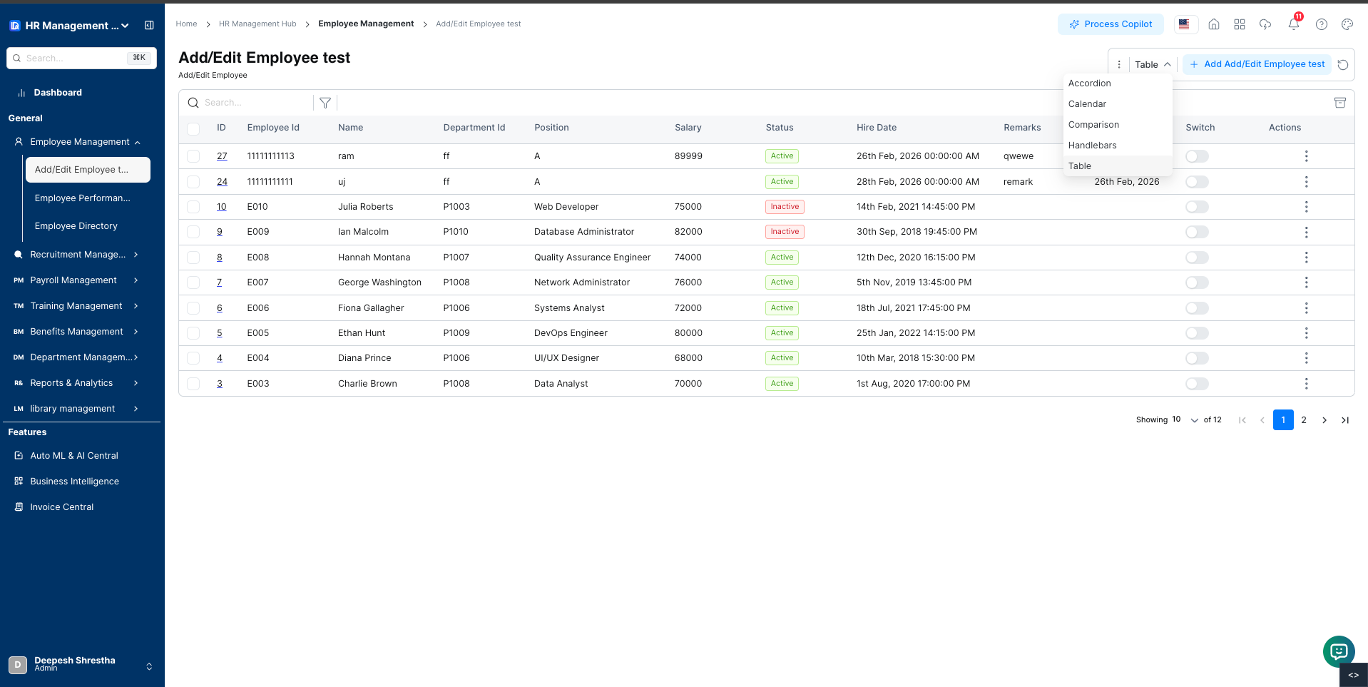 Switching between views in the live application