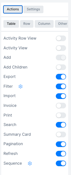 Table actions panel with toggles for each action