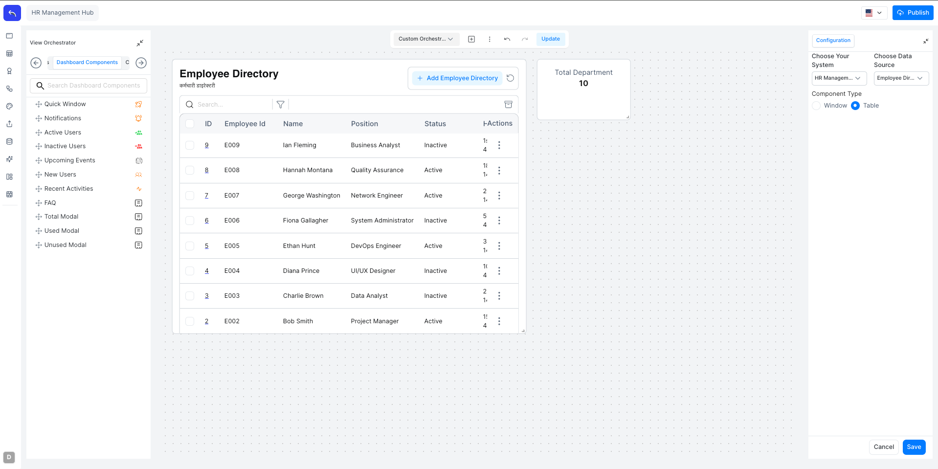 View Orchestrator with window table and dashboard component placed on canvas
