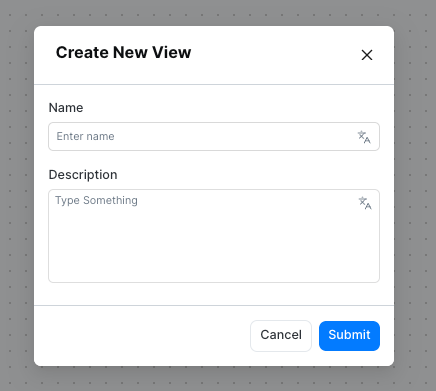 Create New View dialog with name and description fields