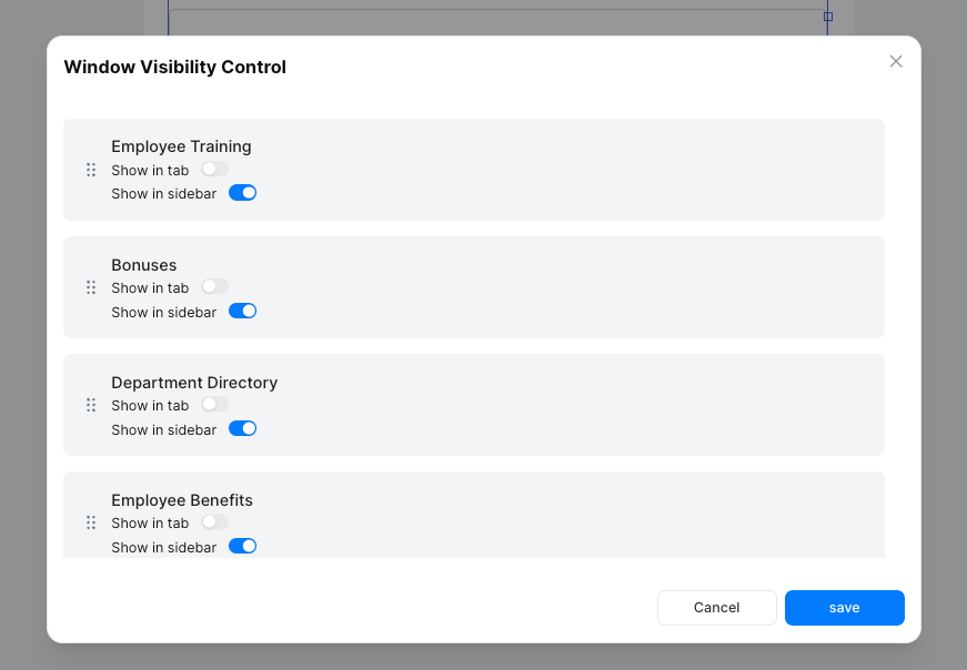 Window visibility tab and sidebar settings