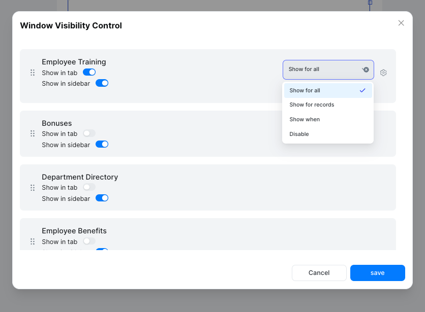 Window visibility tab options
